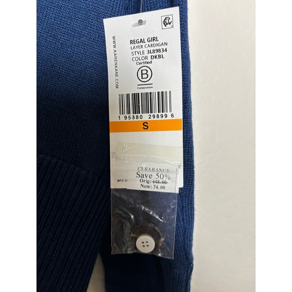 NWT Karen Kane Sweater Cardigan Cashmere Blend Blue w/ White Shirt Hem SizeSmall - Picture 5 of 8